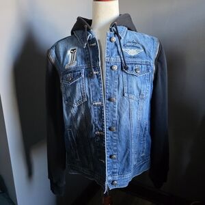 NWOT Harley-Davidson Denim Jacket Size L with Removable Black Sleeves And Hood